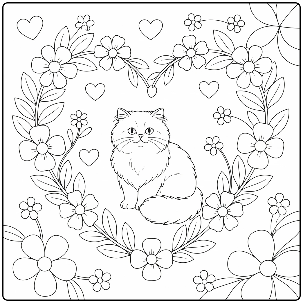 Fluffy Persian cat in heart flower wreath, cat heart coloring pages