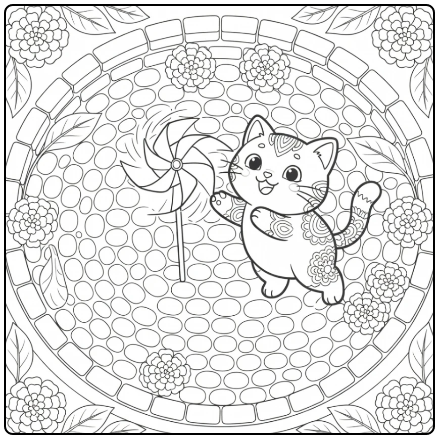 Cute cat mandala coloring pages: playful cat hops for pinwheel (58 chars)