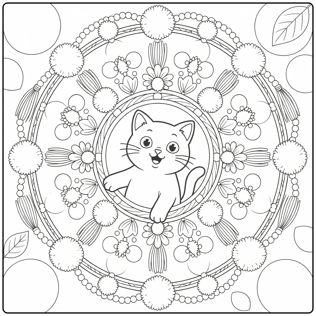Cute cat mandala coloring pages: peeking cat in hoop (58 chars)