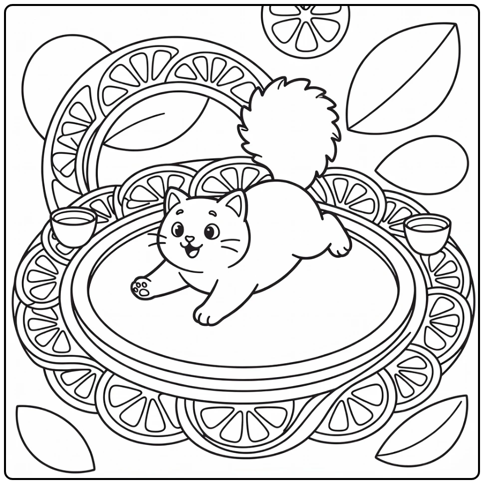 Cute cat mandala coloring pages: playful slip on tray with citrus