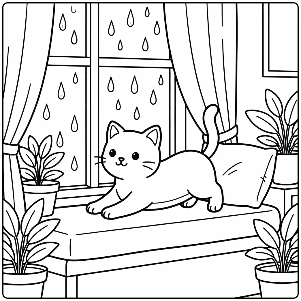 Playful cat stretching on window seat in rain, cat coloring pages
