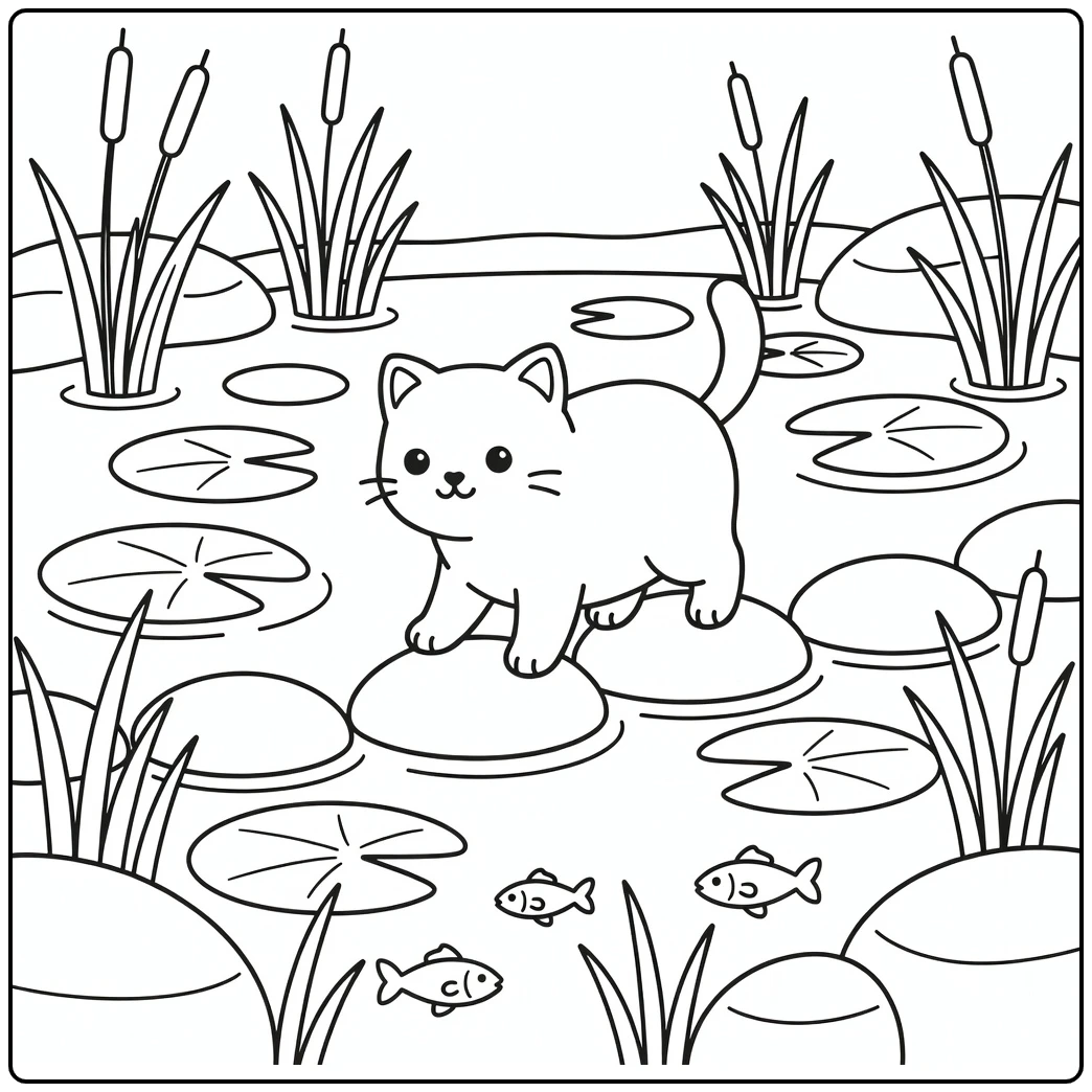 Cat steps across pond stones lily pads fish cat coloring pages