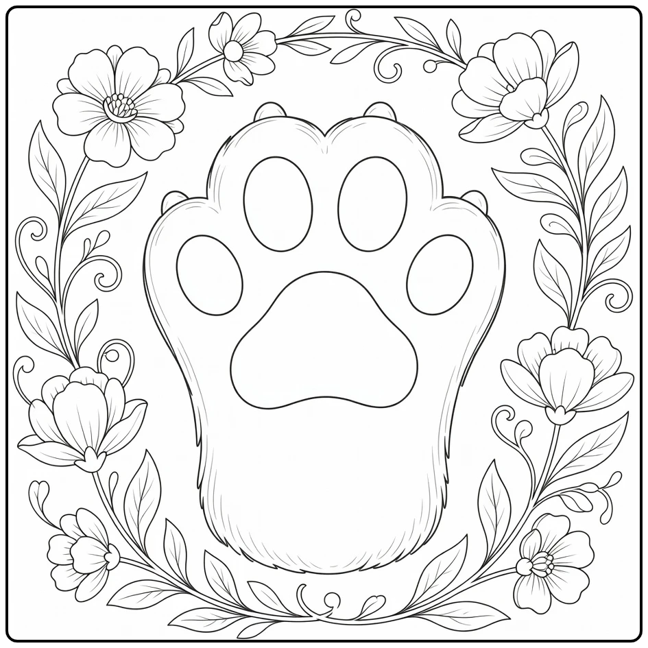Cat paw coloring pages with floral patterns, toe beans