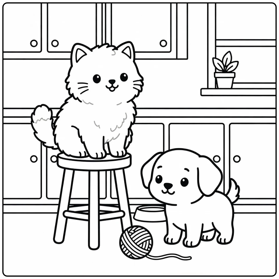Fluffy cat on stool, puppy eyes yarn ball in kitchen - cat and dog coloring pages