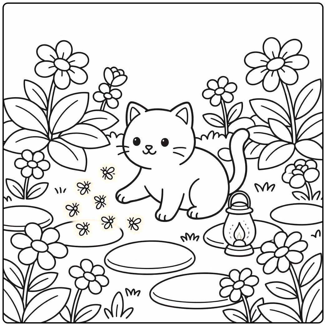 Cute cat pawing fireflies in garden - cute cat coloring pages