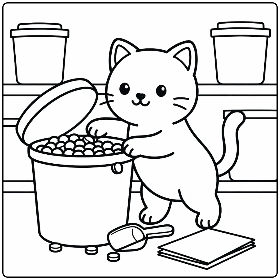 Cat pawing kibble bin in cat food coloring pages
