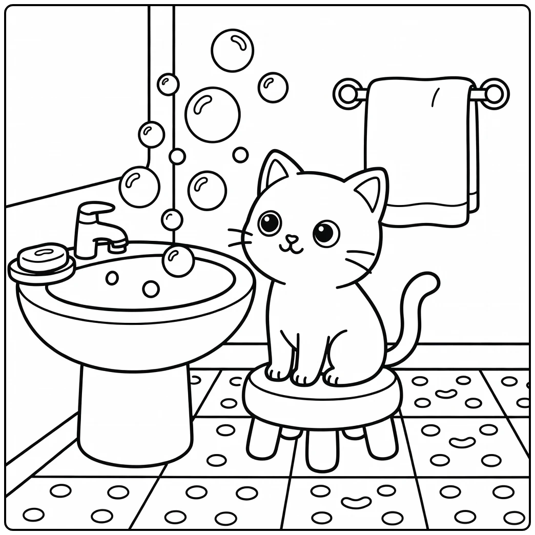 Cat on bathroom stool watching bubbles cat coloring pages