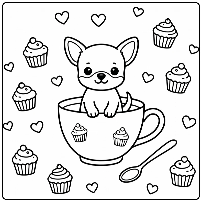 Puppy coloring page: Chihuahua in teacup with cupcakes, hearts