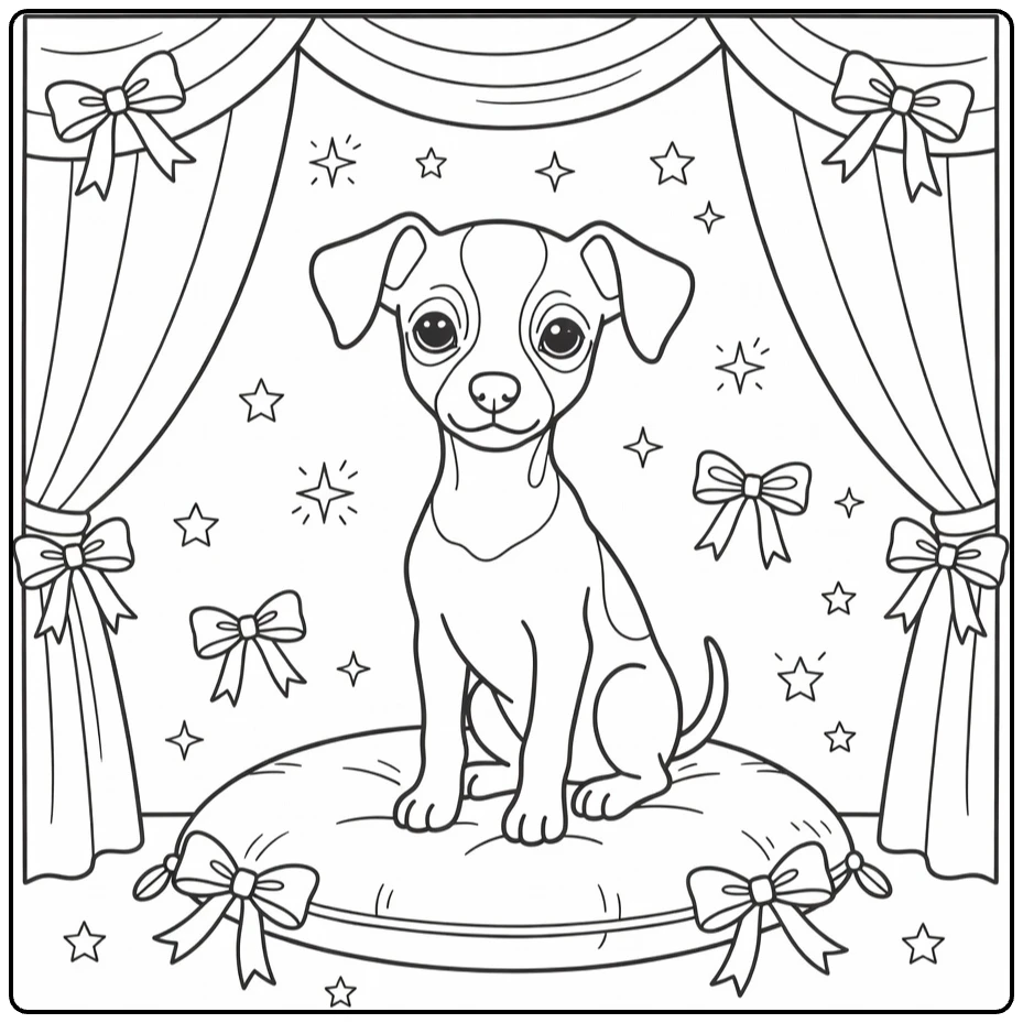 Chinese Crested Puppy coloring page on stage cushion with stars