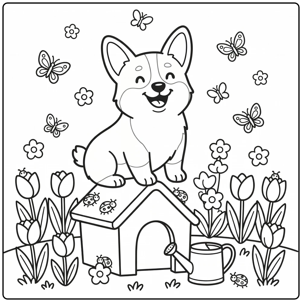 Happy Corgi on Dog House coloring page in spring garden