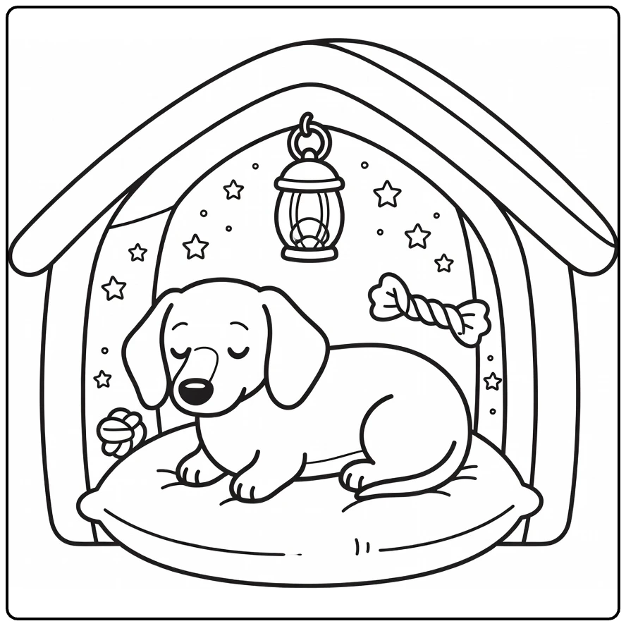 Sleepy Dachshund curled in cozy Dog House coloring page