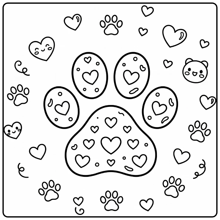 Heart-themed dog paw coloring page with tiny hearts and dots