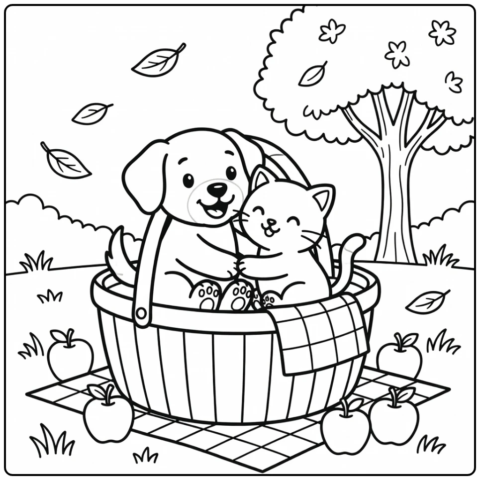 Dog and cat hugging coloring pages in picnic basket park