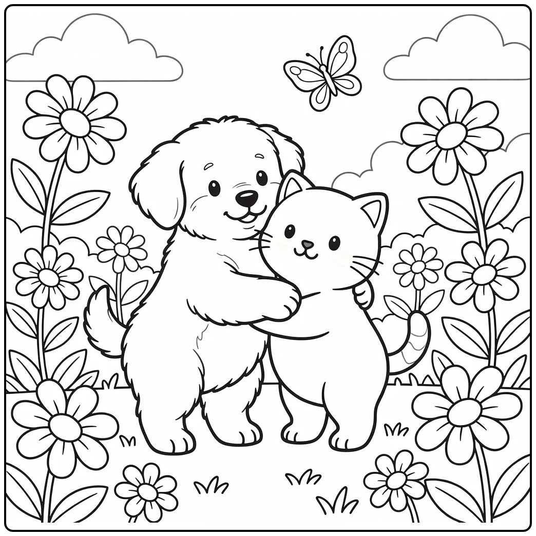 Dog and cat hugging coloring pages in sunny garden