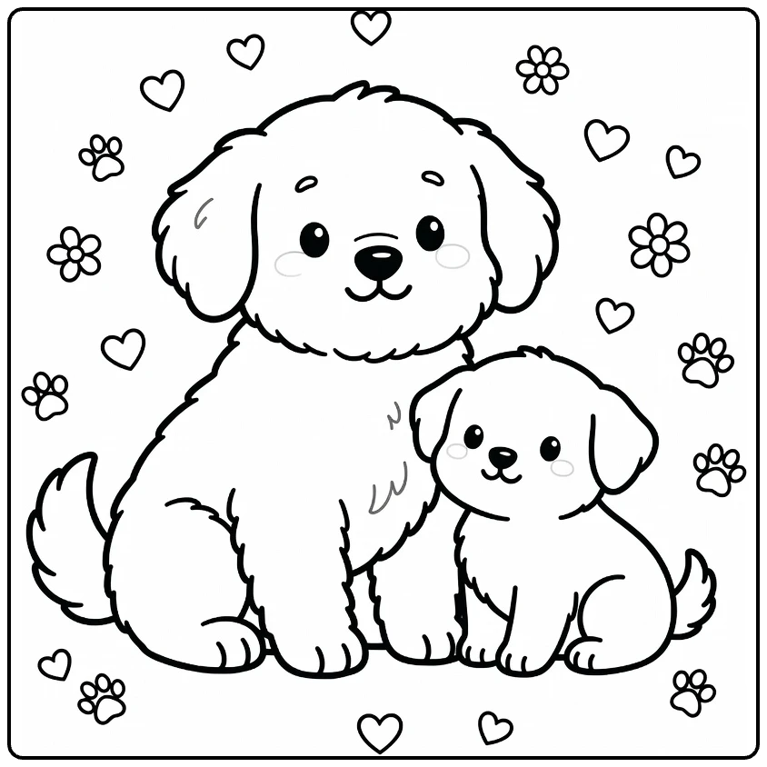 Cute dog and puppy coloring page: fluffy mom with pups cuddling