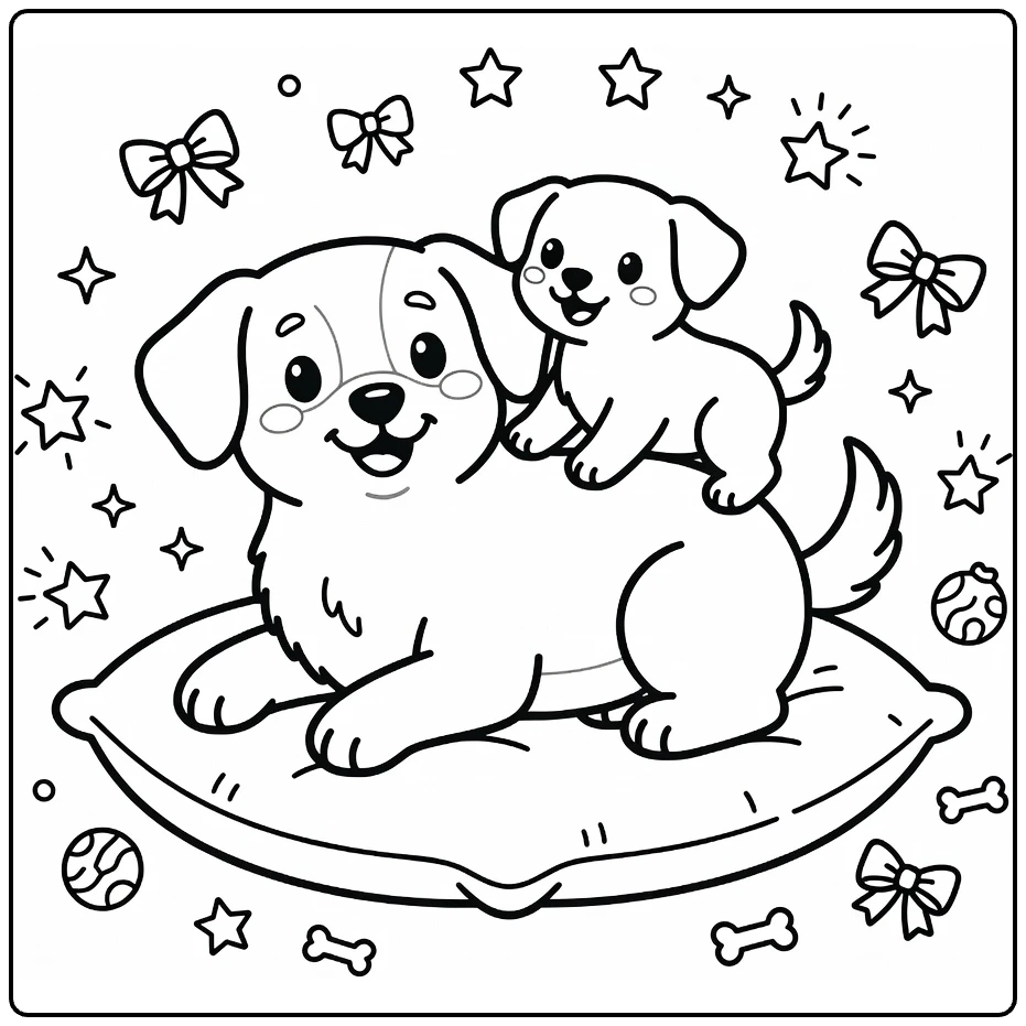 Cute dog and puppy coloring page: happy dog on pillow, puppy climbs back