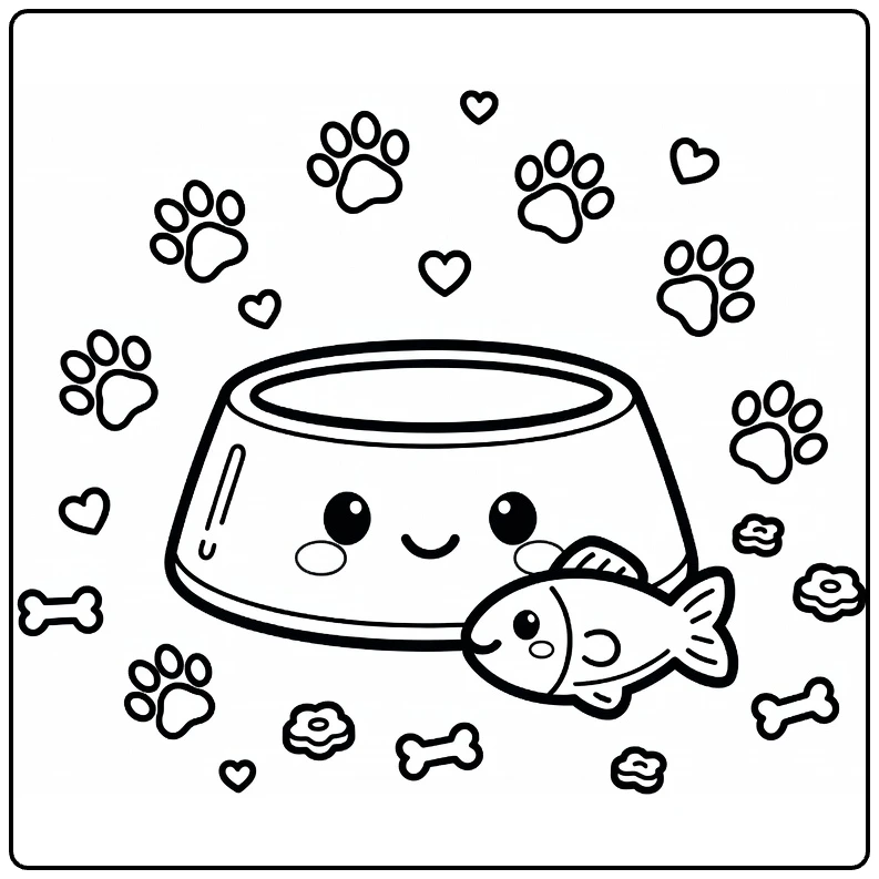 Dog bowl coloring page with fish treat, paw prints, hearts