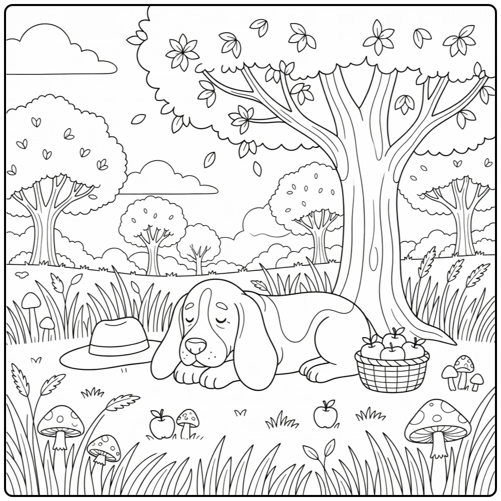 Cute dog coloring page for adults: sleepy Basset Hound in orchard
