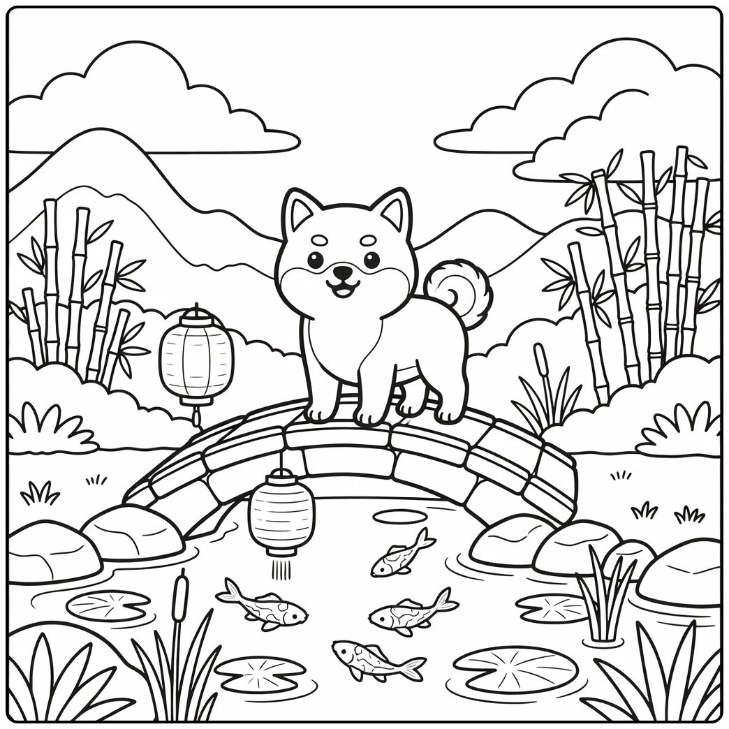 Cute dog coloring page for adults: Shiba Inu on bridge over koi pond