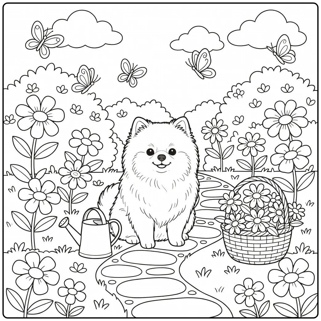 Cute dog coloring page for adults: fluffy Pomeranian in garden