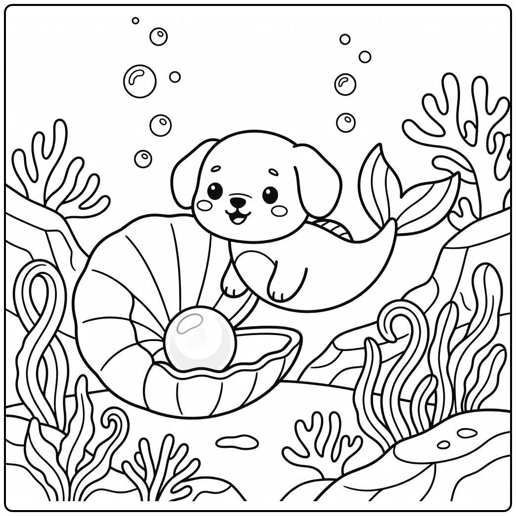 Dog mermaid coloring page with puppy seashell cradle pearl