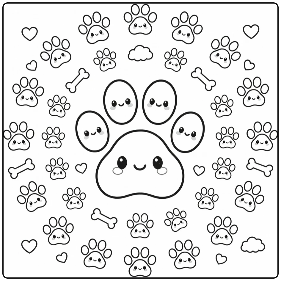 Dog paw coloring page: big central print with circling small paws