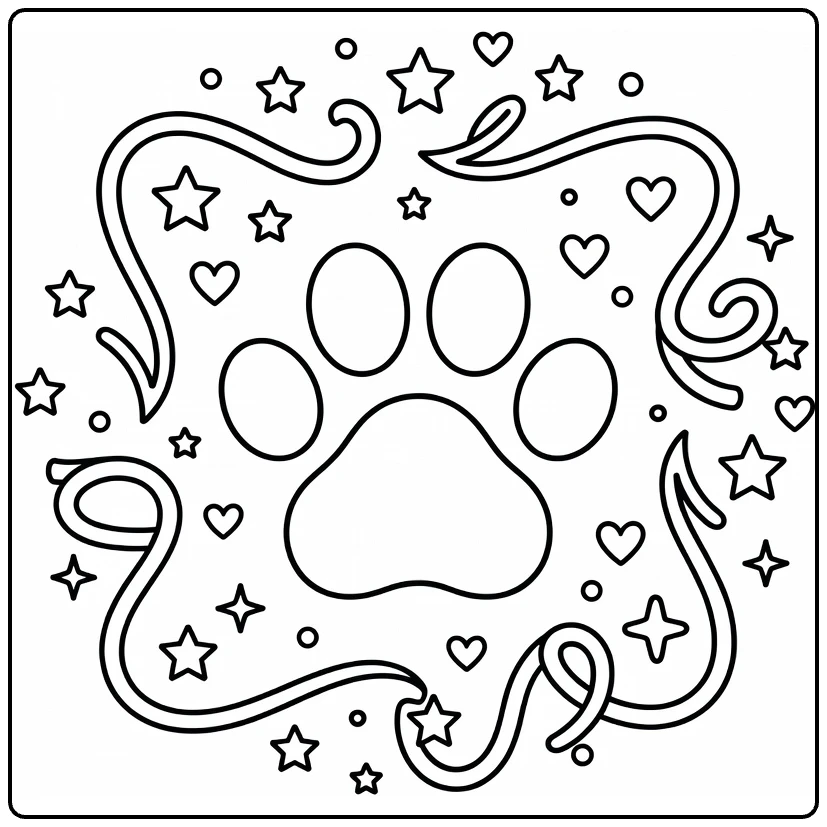 Dog paw coloring page with ribbon frame, stars, symmetric design