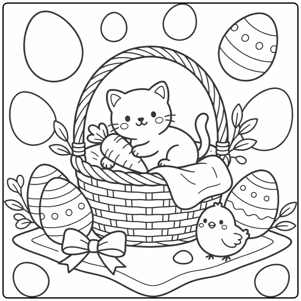 Easter kitten coloring pages: kitty in basket with eggs
