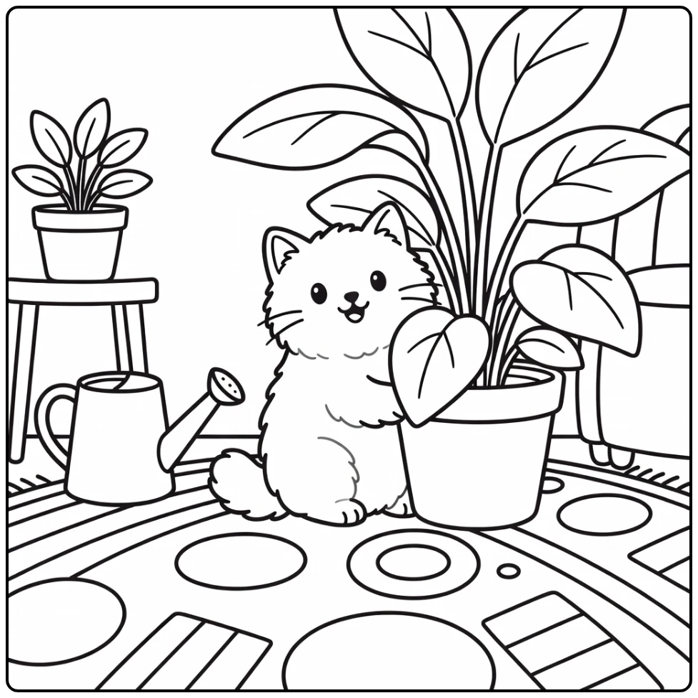 Fluffy cat peeks from houseplant cat coloring pages