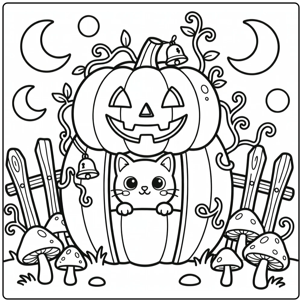 Cute halloween cat coloring pages: peeking from pumpkin house