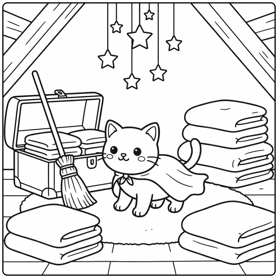 Cute Halloween cat coloring pages: ghost sheet cape in attic