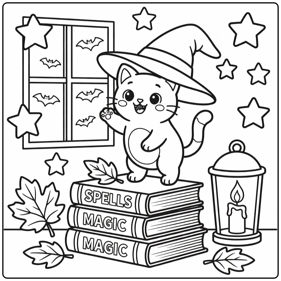 Cute halloween cat coloring pages: excited cat on spell books, witch hat