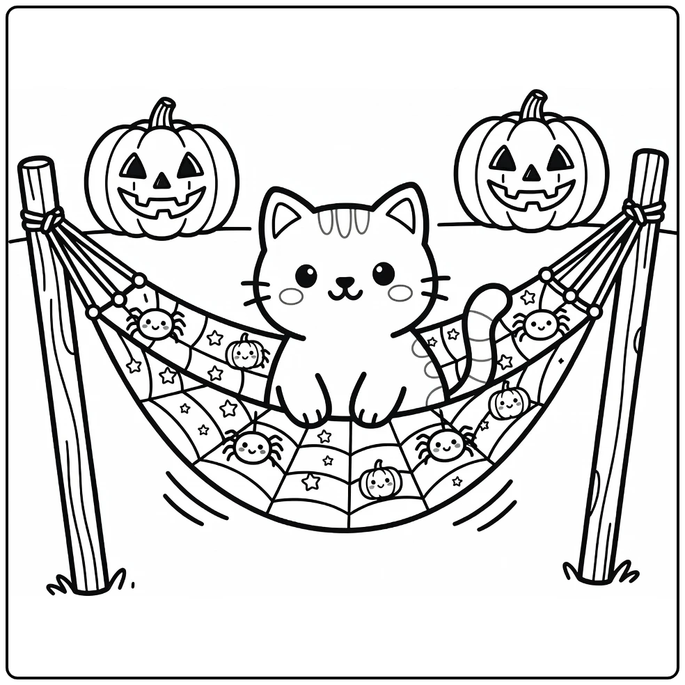 Halloween cat coloring pages: cat in swaying spiderweb hammock