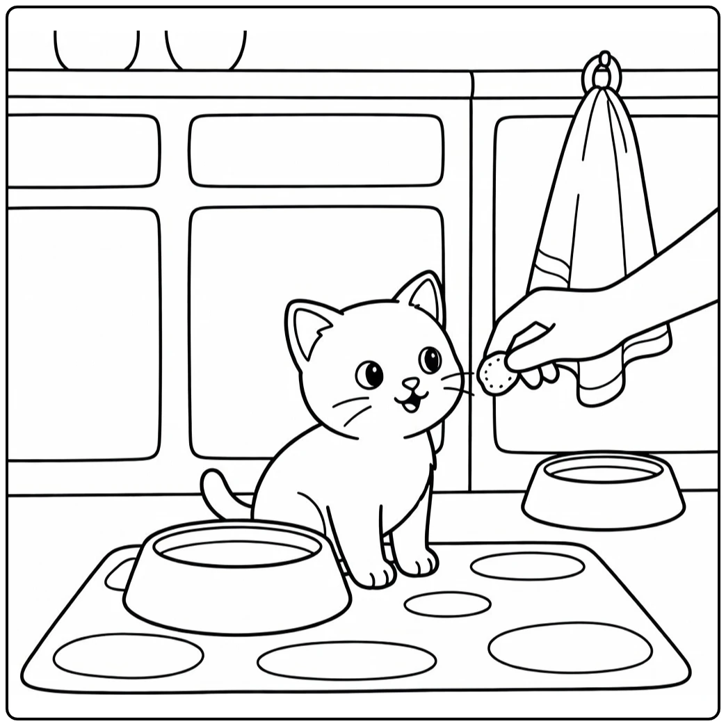 Hungry kitten eyeing treat by food bowl kitten coloring pages