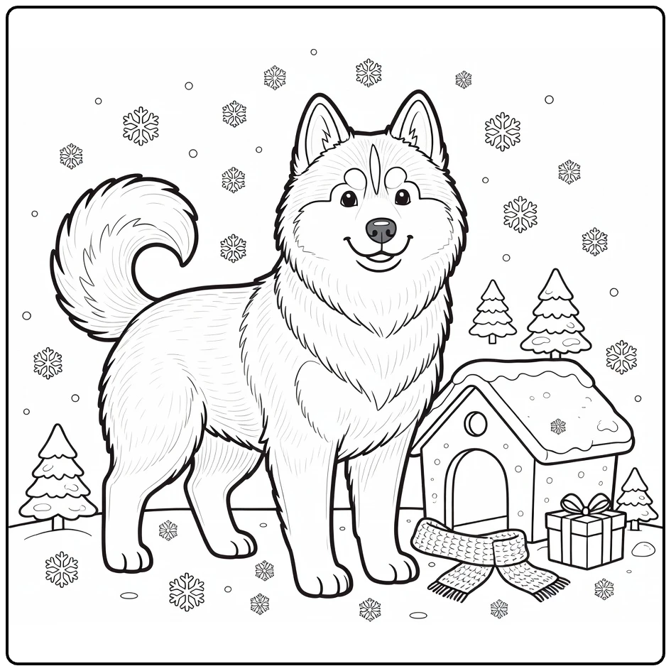 Fluffy Siberian Husky at Winter Dog House coloring page