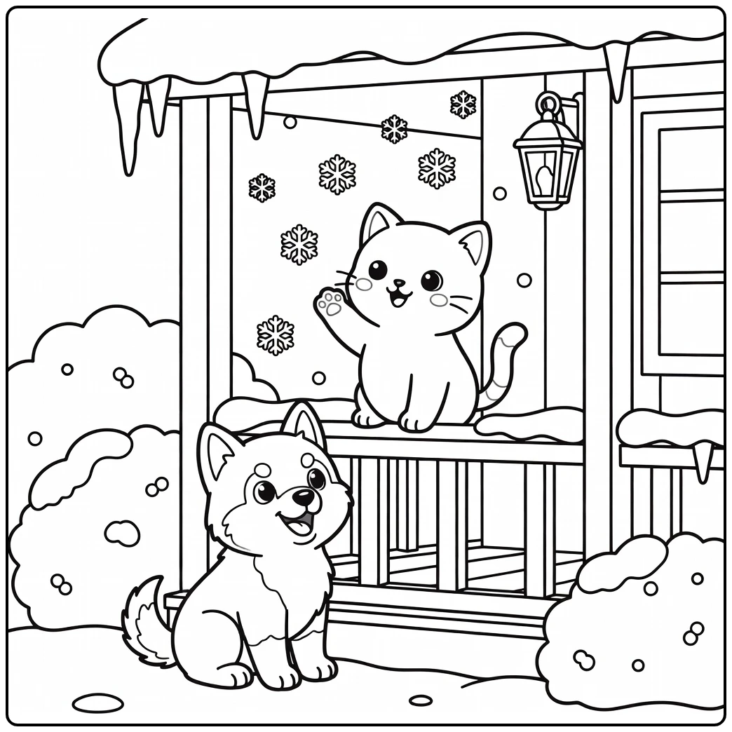Kitten bats snow, husky puppy smiles on porch: cat and dog coloring pages