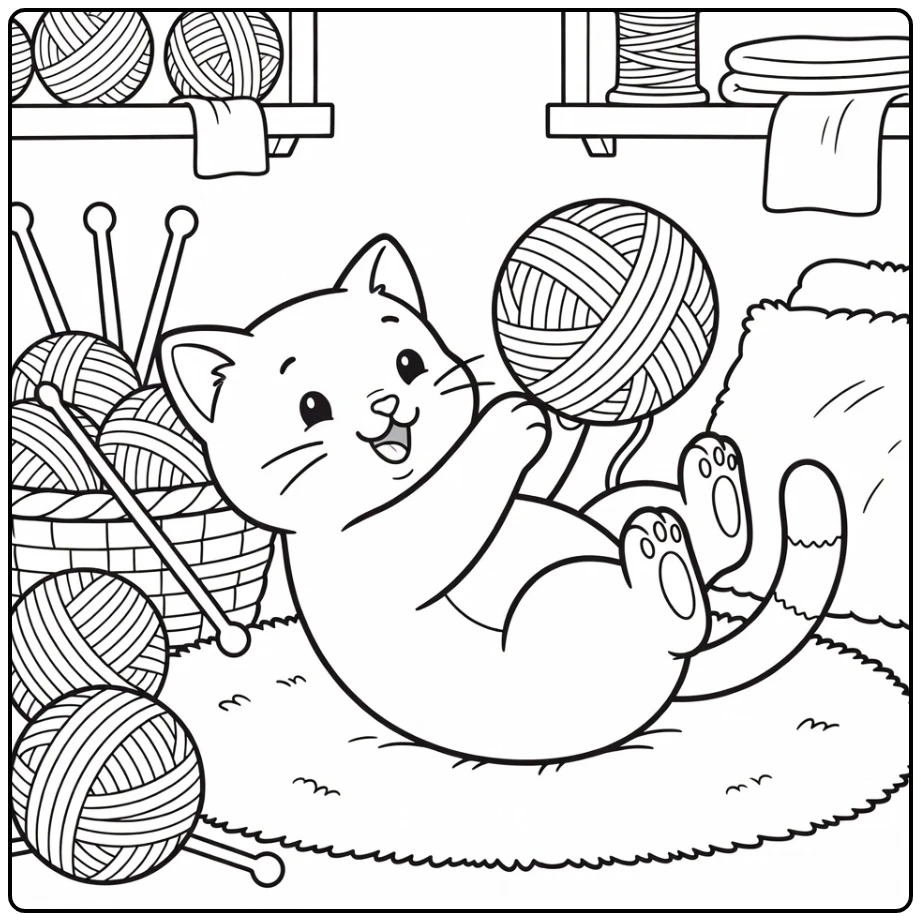 Playful kitten rolling with yarn in craft corner, kitten coloring pages