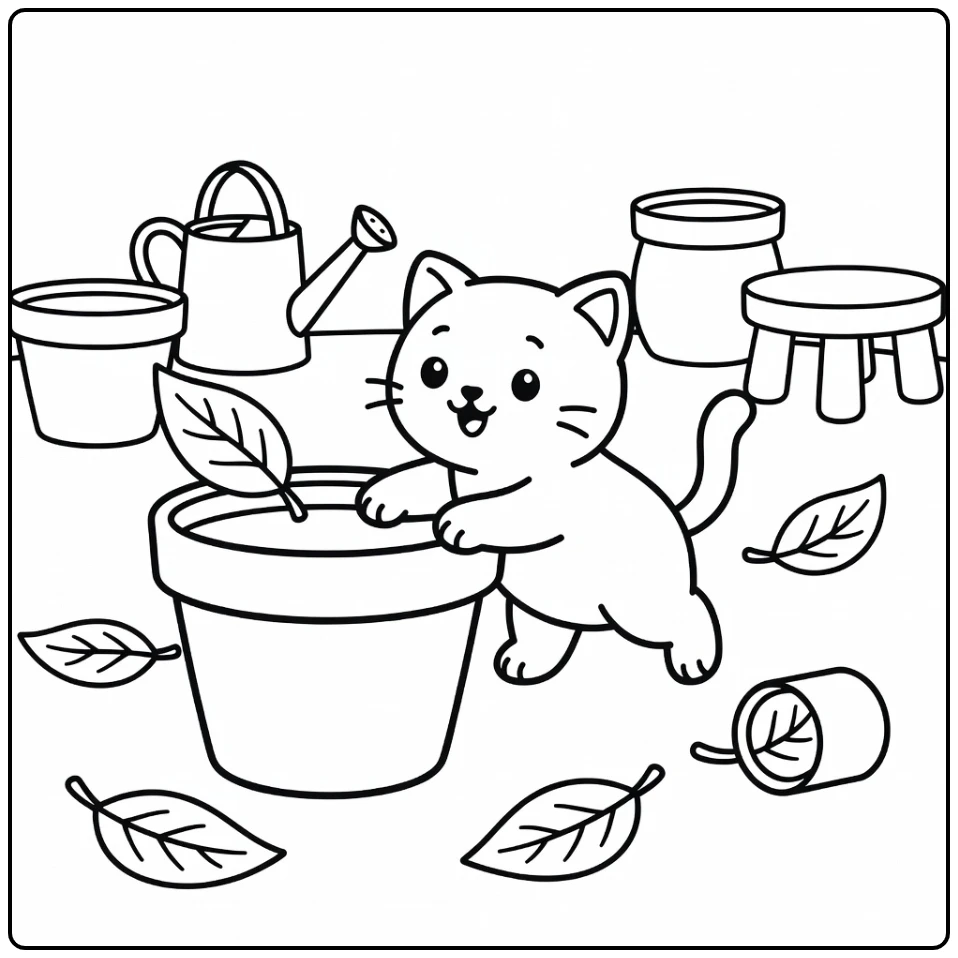 Cute kitten coloring pages: paw slips in flowerpot chasing leaf