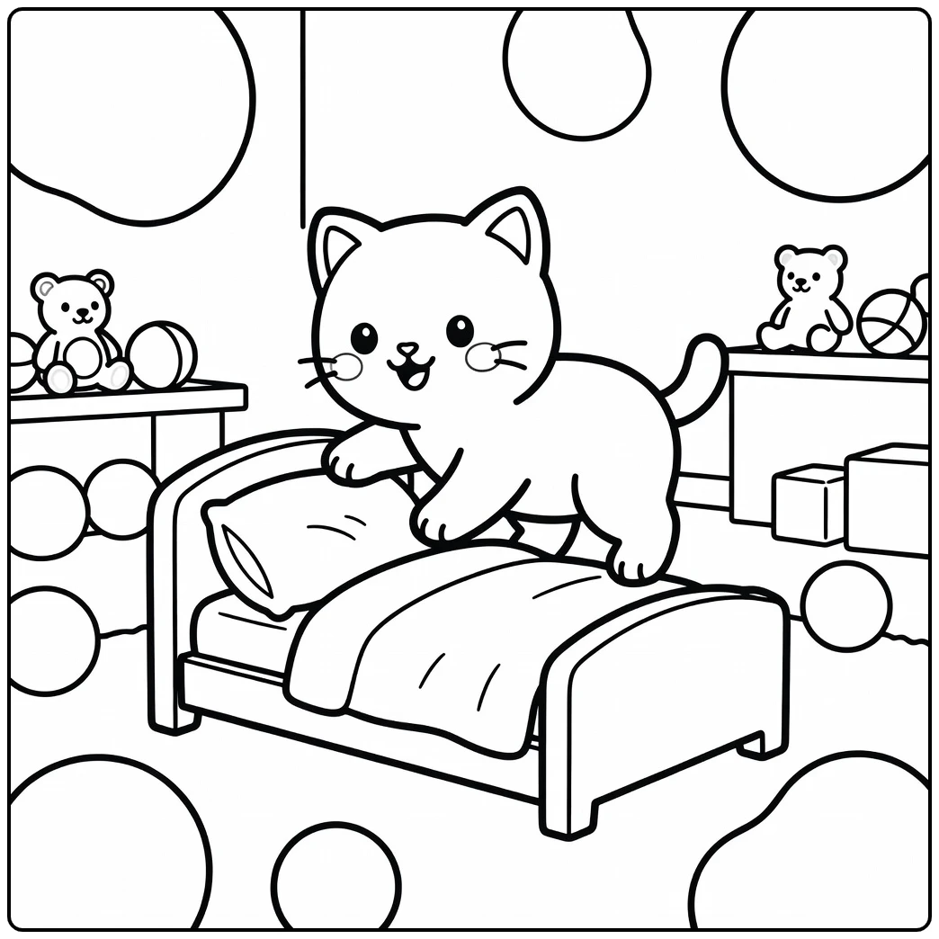 Cute kitten coloring pages: playful climb into tiny doll bed