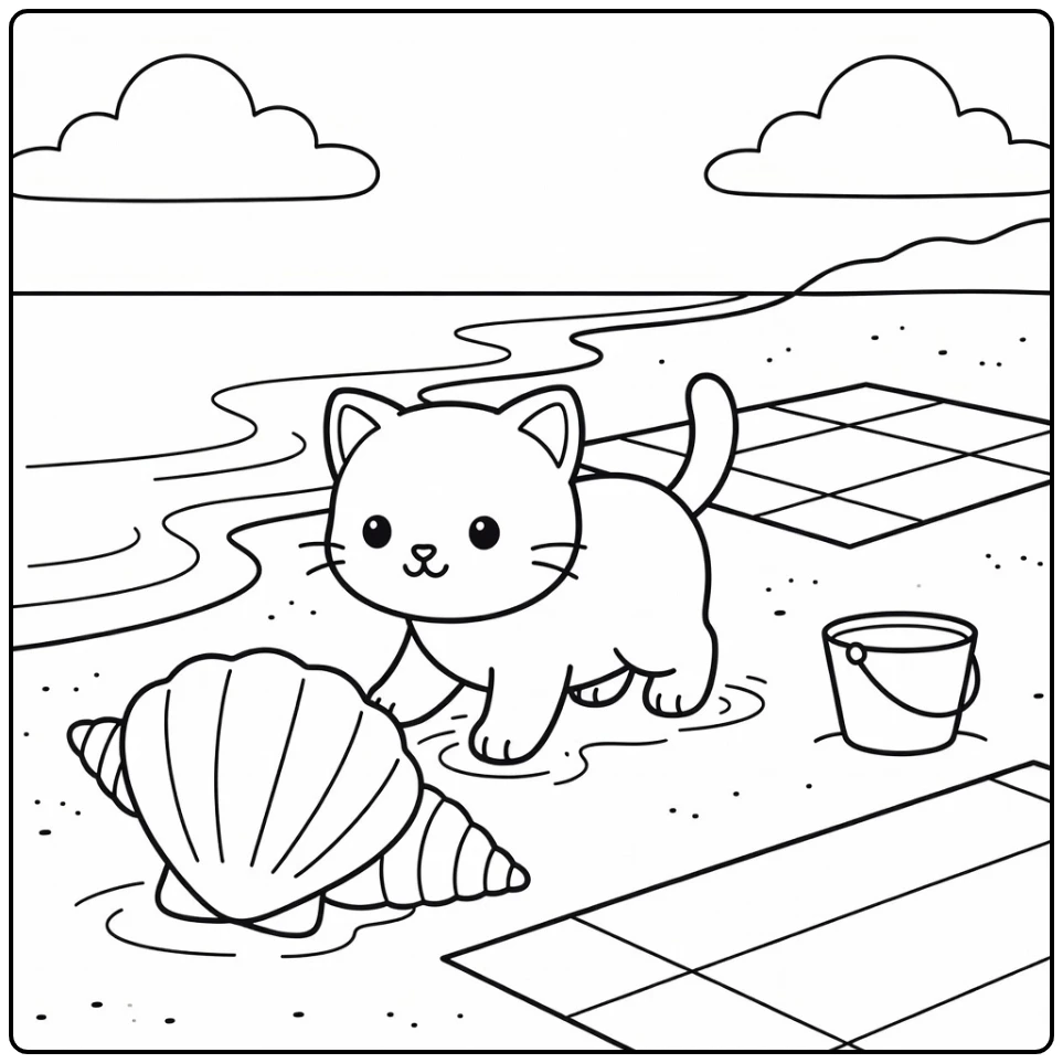 Kitten stepping in beach sand near seashell, kitten coloring pages