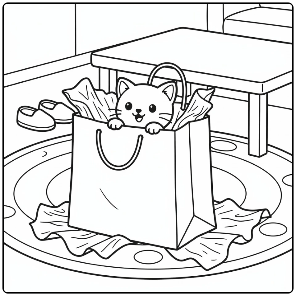Playful kitten hiding in bag on rug, kitten coloring pages