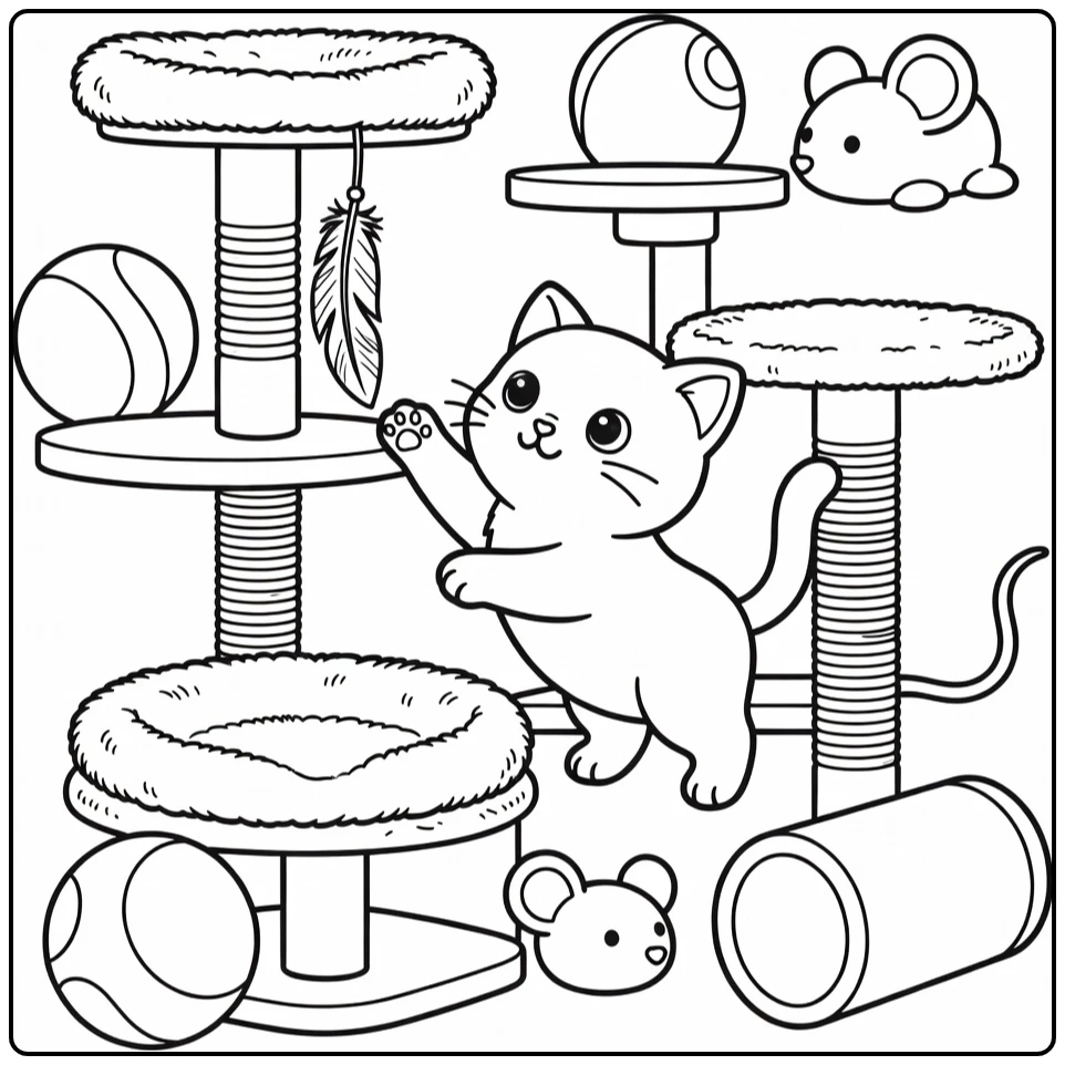 Kitten paw reaching feather toy on cat tree, kitten coloring pages