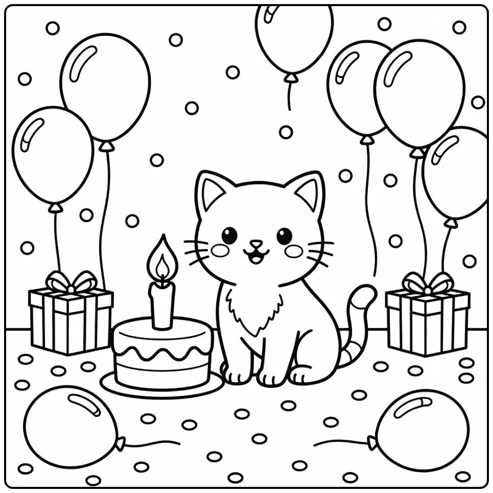Proud kitten with birthday cake, balloons, gifts - kitten coloring pages