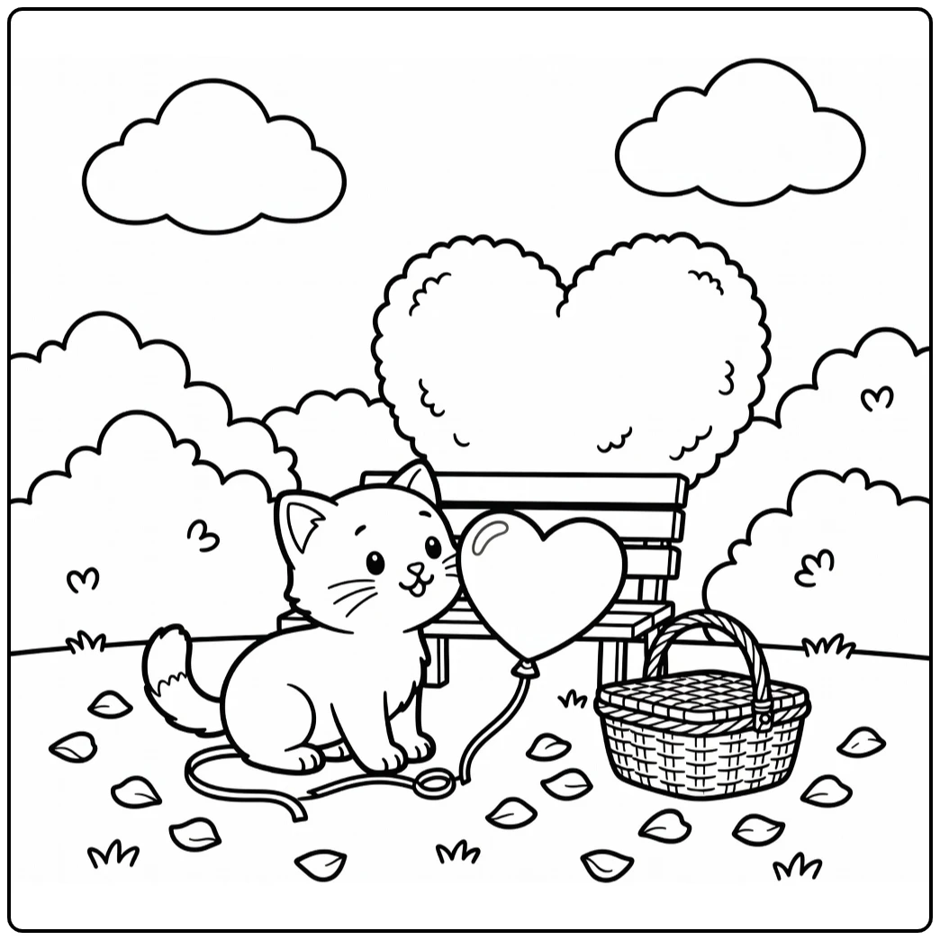 Kitty valentine coloring pages: kitten nudges heart balloon