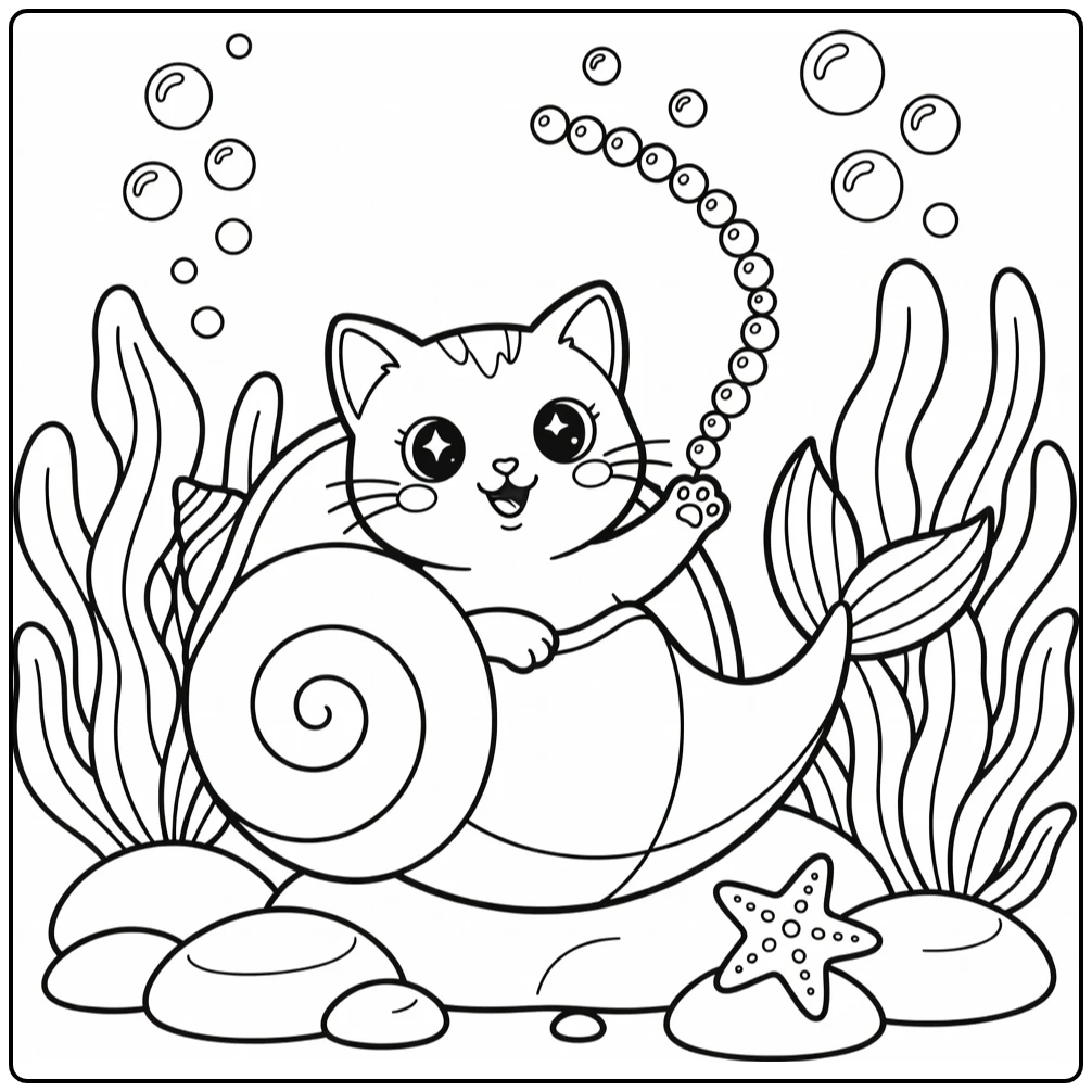 Cute mermaid cat coloring pages peeking from seashell hideout