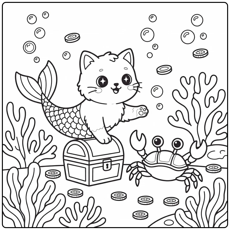 Cute mermaid cat coloring pages pawing crab on chest