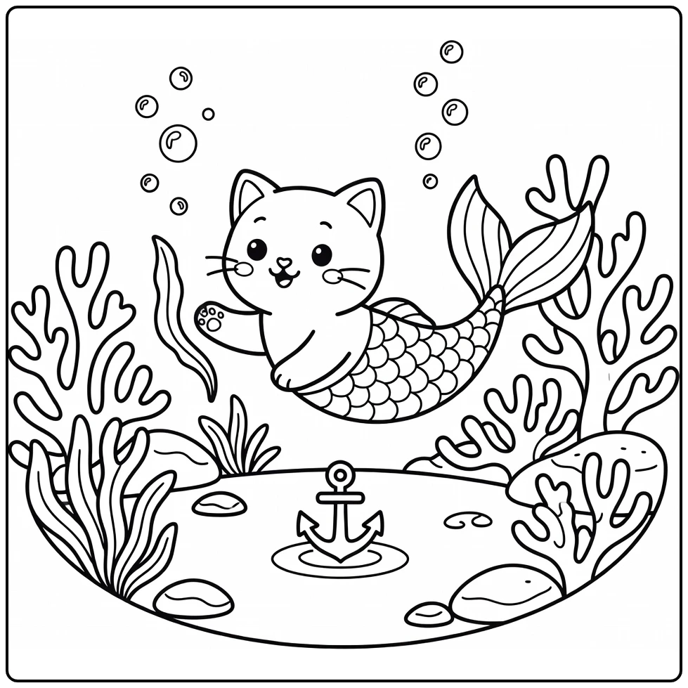 Mermaid cat coloring pages: playful glide around anchor