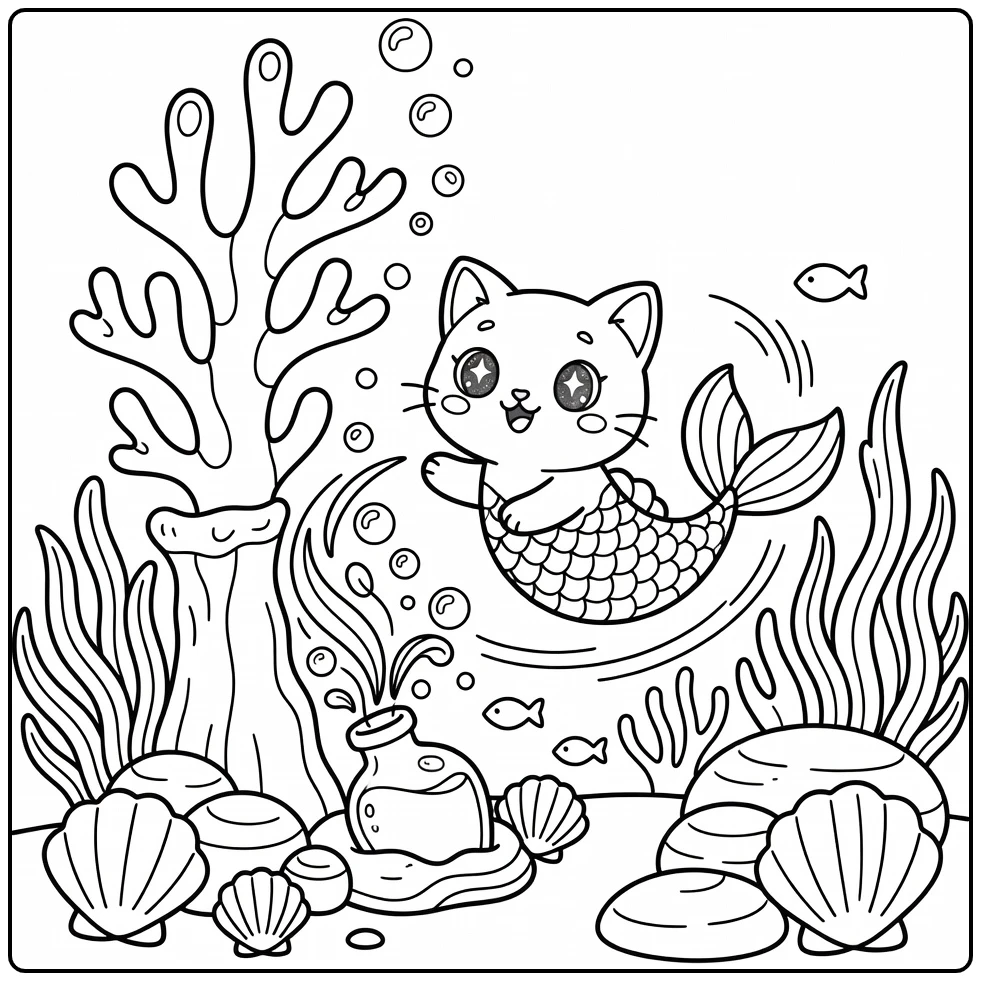 Cute mermaid cat coloring pages: twirling chase bubbles coral