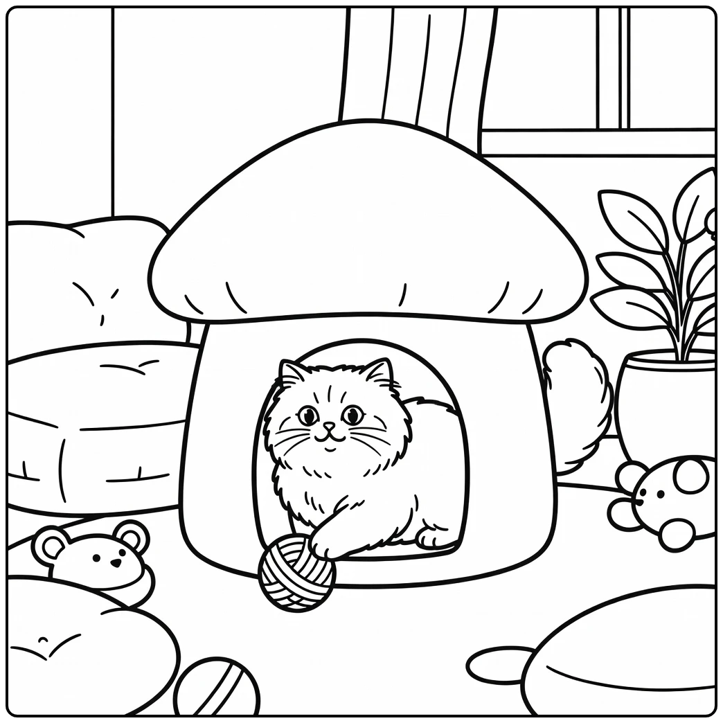 Fluffy Persian cat peeking from mushroom cat house coloring pages