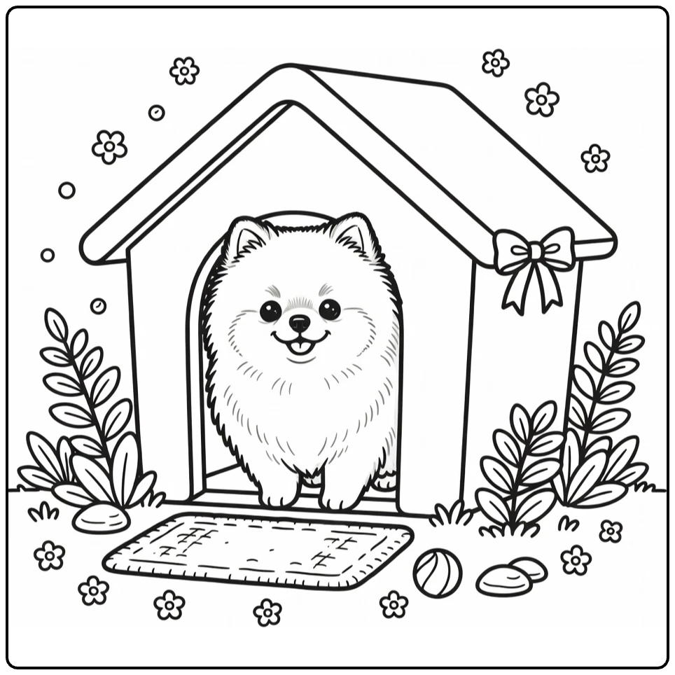 Fluffy Pomeranian peeking from Dog House coloring page